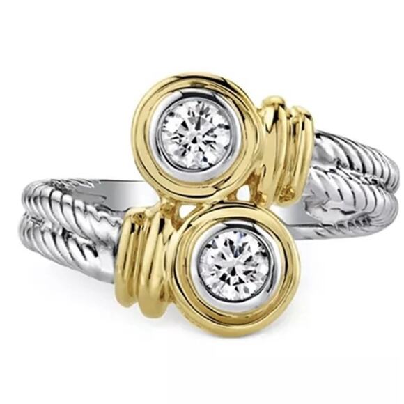 Unbranded Jewelry - Two Tone Ring Silver Gold Tone Twisted Cable Band 2 Round Zircon Bypass Size 7